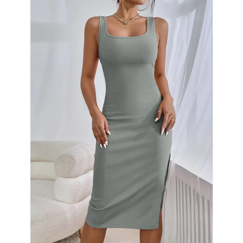 Square neck Ribbed Knit Split Thigh Tank midi Dress royal blue - Picture 8 of 15